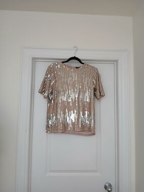 Lipsy Champagne Sequin Short Sleeve Top